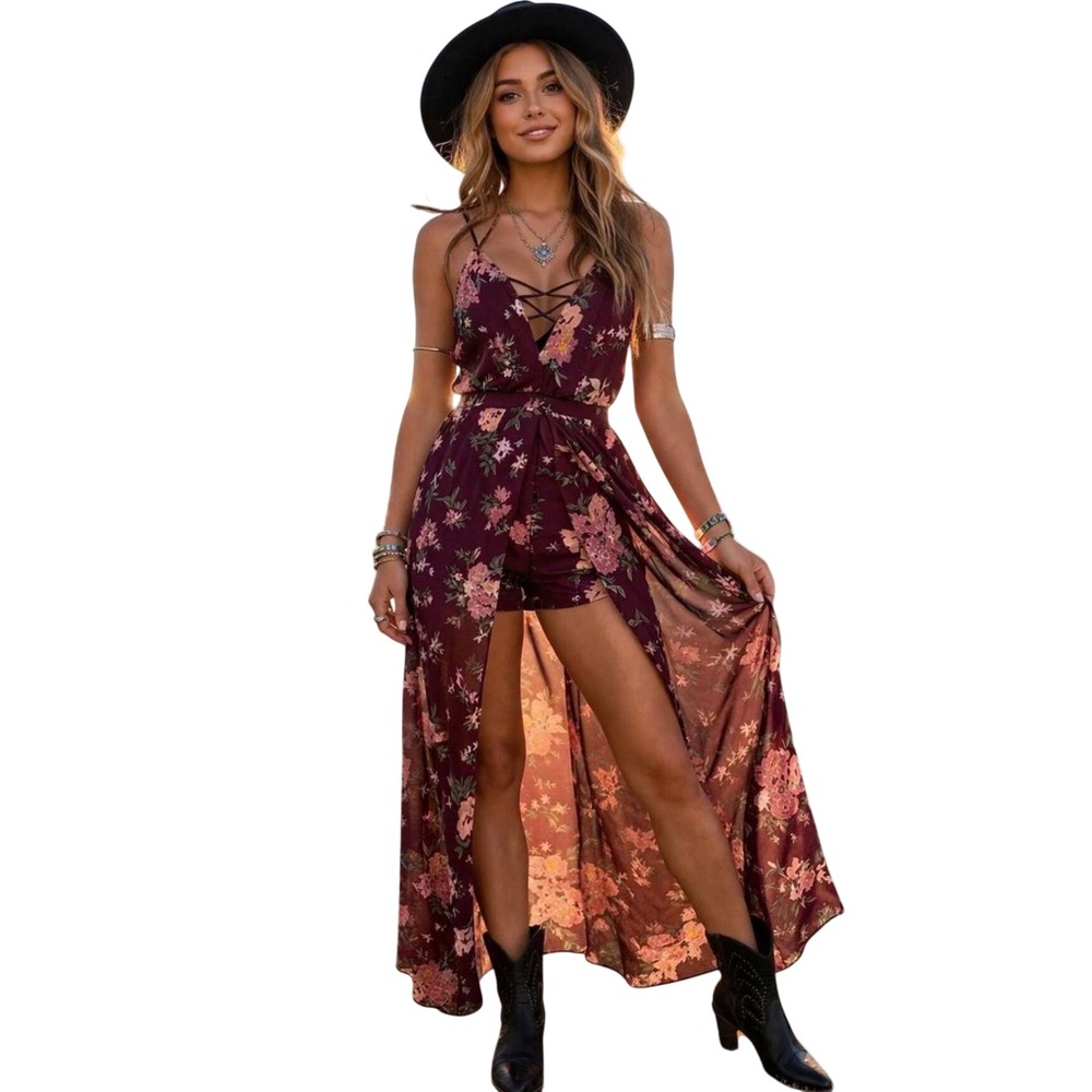 Midnight Doll Floral Maxi Romper Overlay Dress Burgundy Boho Festival 13